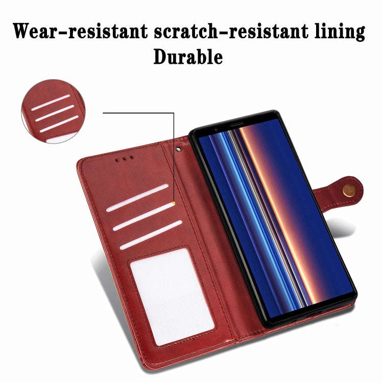 For Sony Xperia 5 Retro Solid Color Leather Buckle Phone Case with Lanyard & Photo Frame & Card S...
