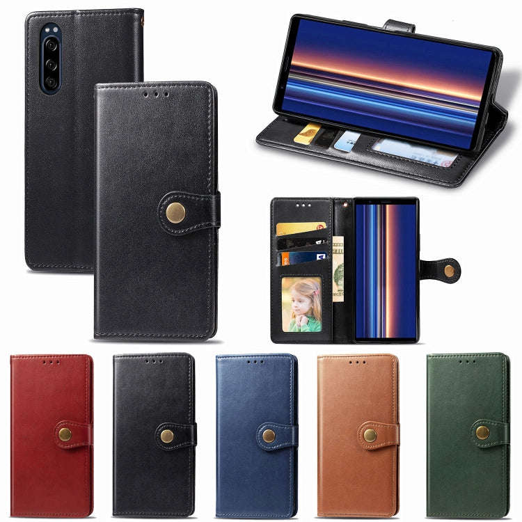 For Sony Xperia 5 Retro Solid Color Leather Buckle Phone Case with Lanyard & Photo Frame & Card S...