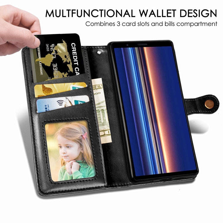 For Sony Xperia 5 Retro Solid Color Leather Buckle Phone Case with Lanyard & Photo Frame & Card S...