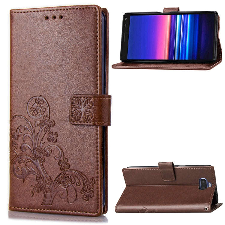 For Sony Xperia 20 Four-leaf Clasp Embossed Buckle Mobile Phone Protection Leather Case with Lany...