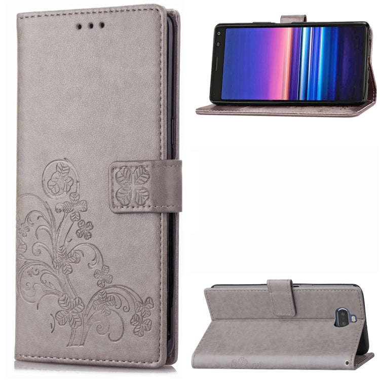For Sony Xperia 20 Four-leaf Clasp Embossed Buckle Mobile Phone Protection Leather Case with Lany...