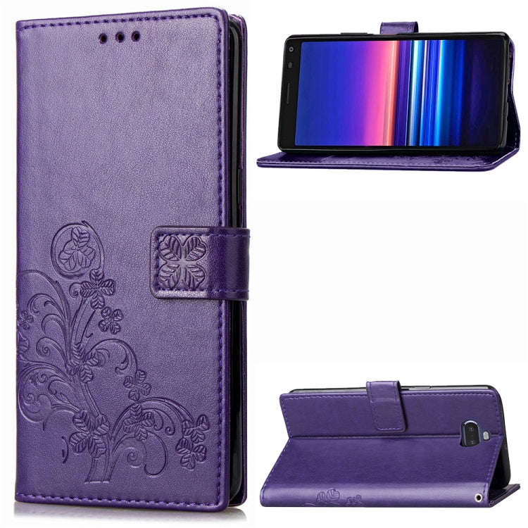 For Sony Xperia 20 Four-leaf Clasp Embossed Buckle Mobile Phone Protection Leather Case with Lany...