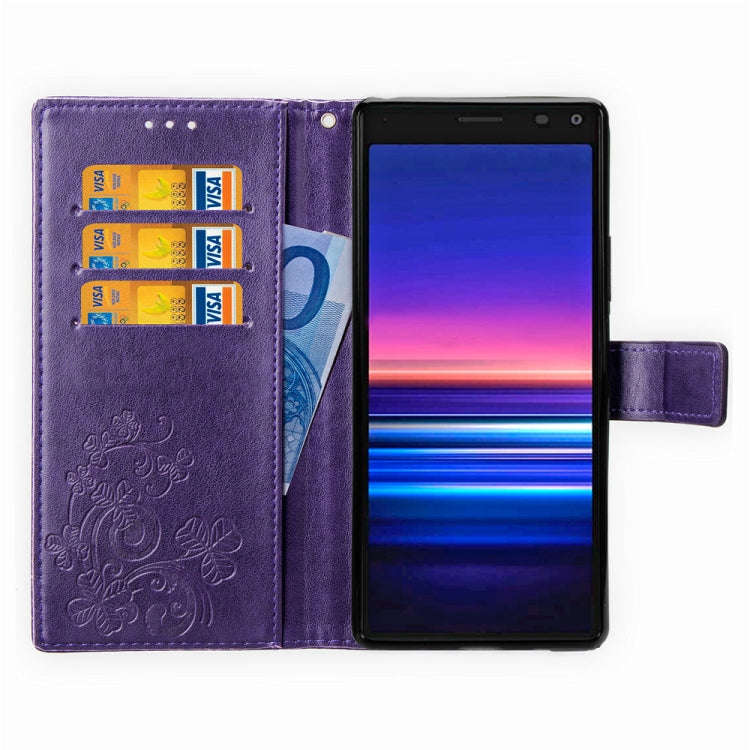 For Sony Xperia 20 Four-leaf Clasp Embossed Buckle Mobile Phone Protection Leather Case with Lany...