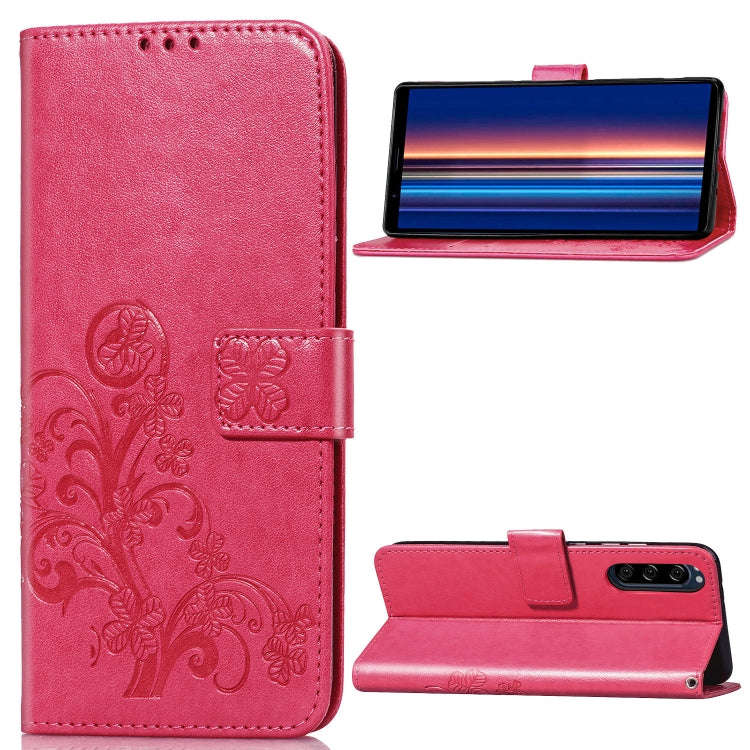 For Sony Xperia 5 Four-leaf Clasp Embossed Buckle Mobile Phone Protection Leather Case with Lanya...