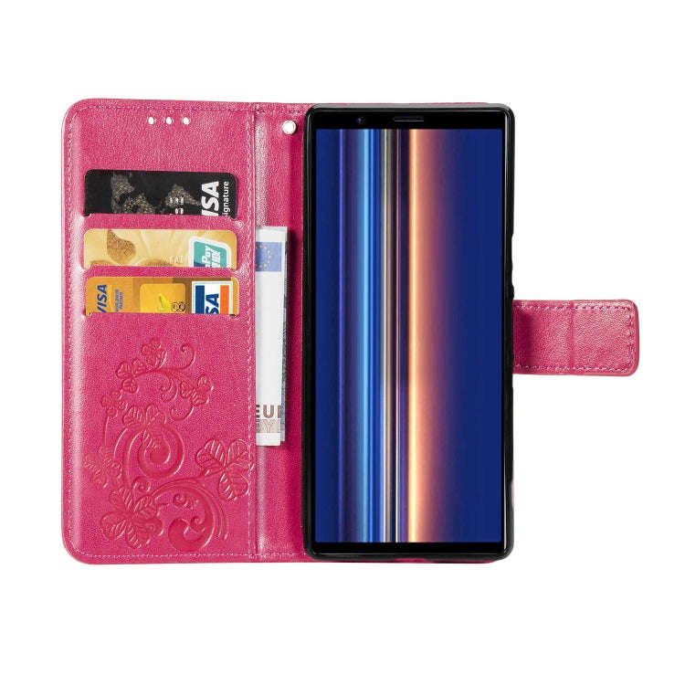 For Sony Xperia 5 Four-leaf Clasp Embossed Buckle Mobile Phone Protection Leather Case with Lanya...