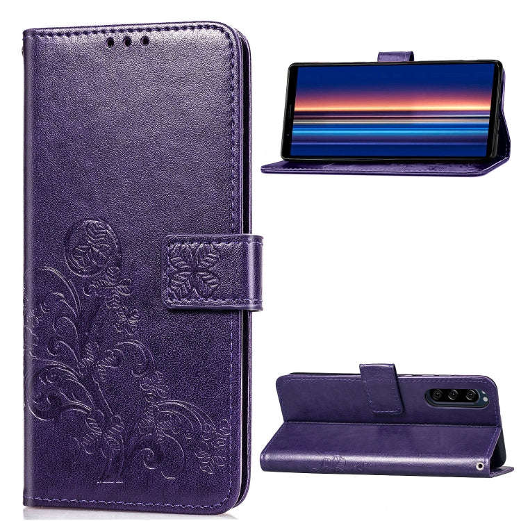 For Sony Xperia 5 Four-leaf Clasp Embossed Buckle Mobile Phone Protection Leather Case with Lanya...
