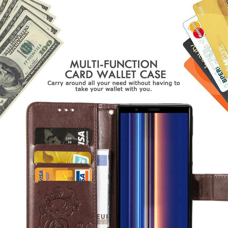 For Sony Xperia 5 Four-leaf Clasp Embossed Buckle Mobile Phone Protection Leather Case with Lanya...