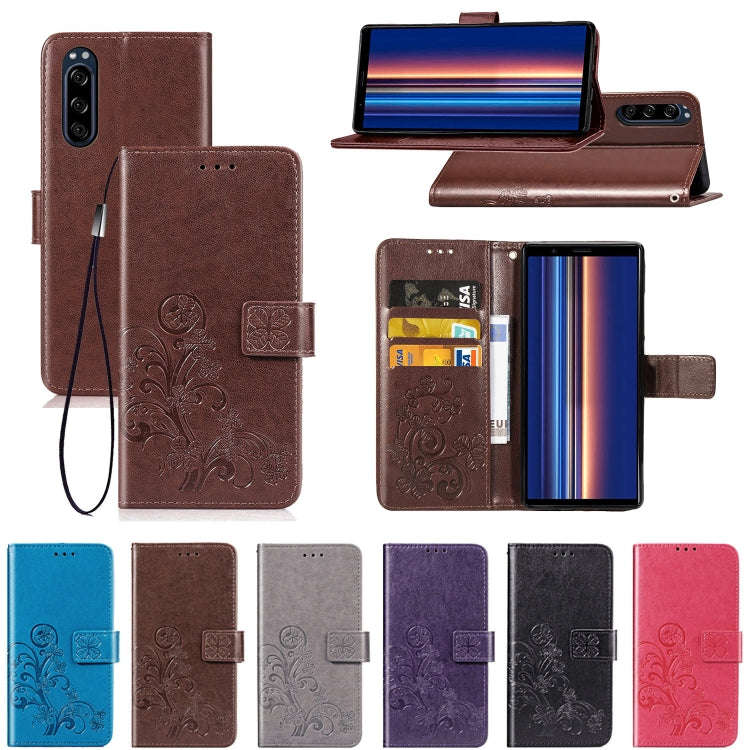 For Sony Xperia 5 Four-leaf Clasp Embossed Buckle Mobile Phone Protection Leather Case with Lanya...