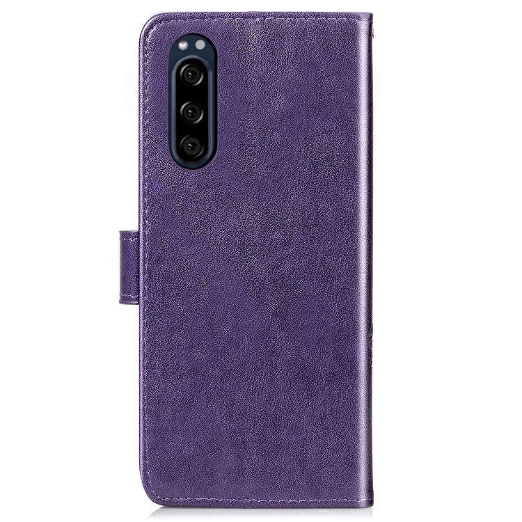 For Sony Xperia 5 Four-leaf Clasp Embossed Buckle Mobile Phone Protection Leather Case with Lanya...