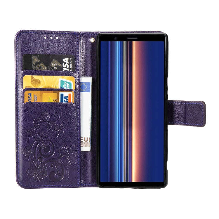 For Sony Xperia 5 Four-leaf Clasp Embossed Buckle Mobile Phone Protection Leather Case with Lanya...