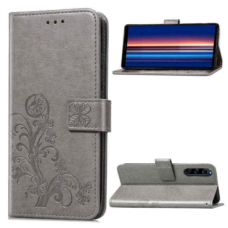 For Sony Xperia 5 Four-leaf Clasp Embossed Buckle Mobile Phone Protection Leather Case with Lanya...