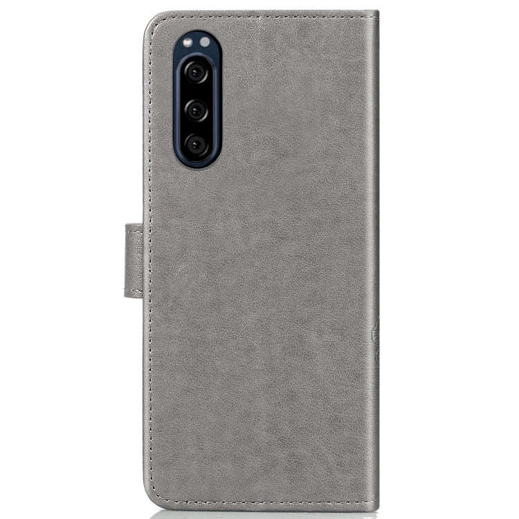 For Sony Xperia 5 Four-leaf Clasp Embossed Buckle Mobile Phone Protection Leather Case with Lanya...