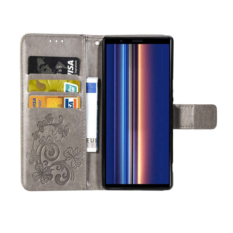 For Sony Xperia 5 Four-leaf Clasp Embossed Buckle Mobile Phone Protection Leather Case with Lanya...