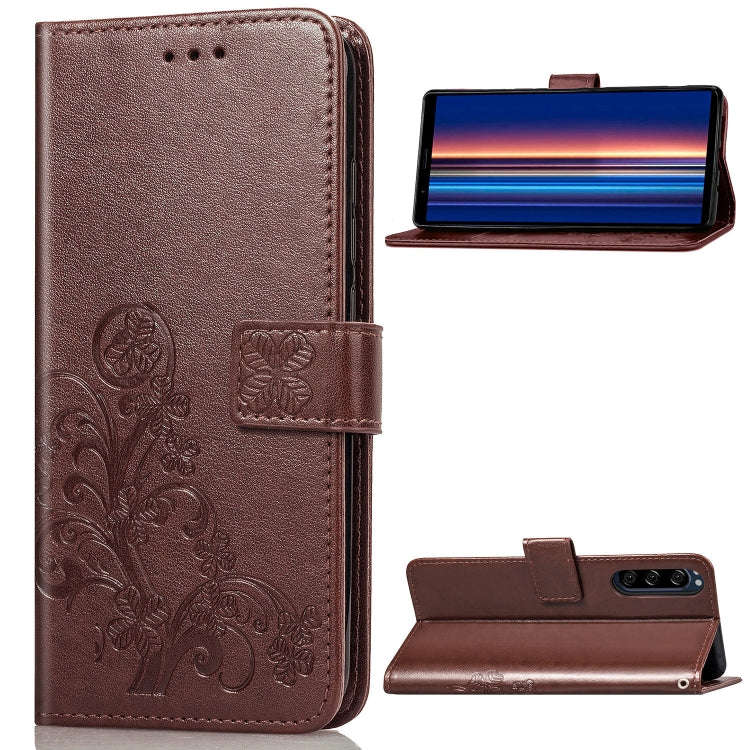 For Sony Xperia 5 Four-leaf Clasp Embossed Buckle Mobile Phone Protection Leather Case with Lanya...