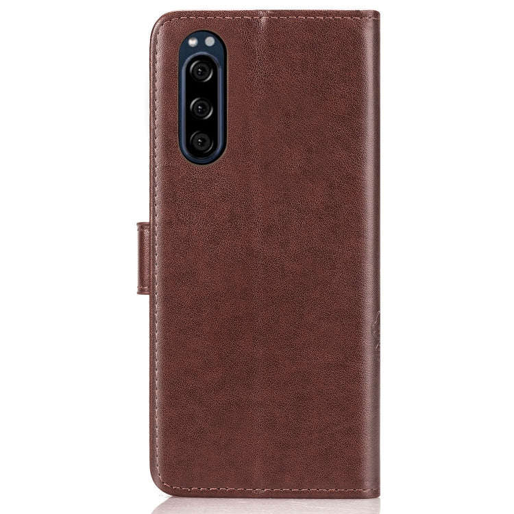 For Sony Xperia 5 Four-leaf Clasp Embossed Buckle Mobile Phone Protection Leather Case with Lanya...