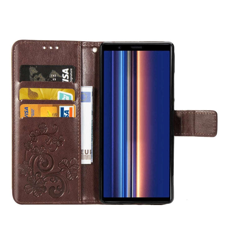 For Sony Xperia 5 Four-leaf Clasp Embossed Buckle Mobile Phone Protection Leather Case with Lanya...