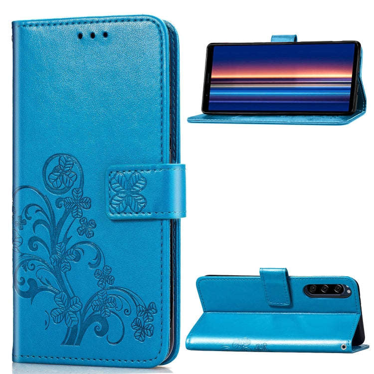 For Sony Xperia 5 Four-leaf Clasp Embossed Buckle Mobile Phone Protection Leather Case with Lanya...