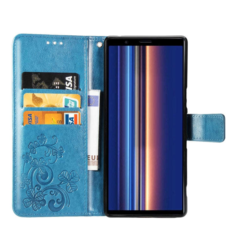 For Sony Xperia 5 Four-leaf Clasp Embossed Buckle Mobile Phone Protection Leather Case with Lanya...