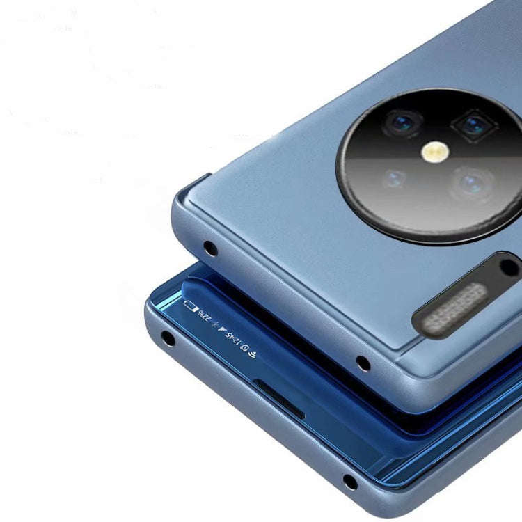 For Huawei Mate 30 Plating Mirror Left and Right Flip Cover with Bracket Holster(Purple Blue)