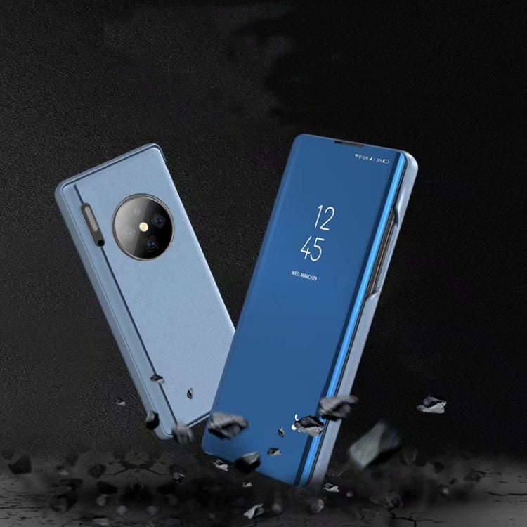 For Huawei Mate 30 Plating Mirror Left and Right Flip Cover with Bracket Holster(Purple Blue)