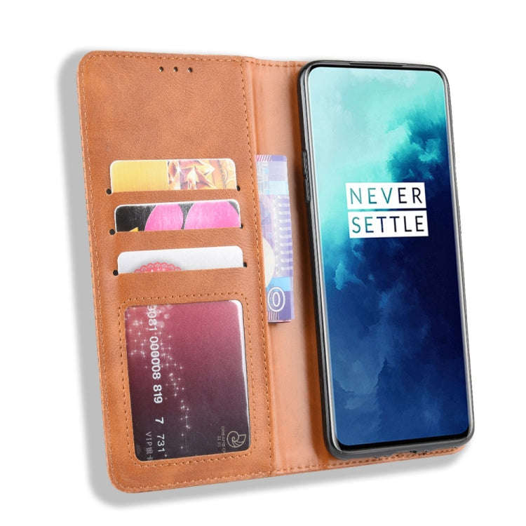 For OnePlus 7T Pro Magnetic Buckle Retro Crazy Horse Texture Leather Phone Case(Brown)
