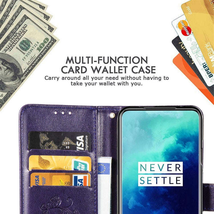 For One Plus 7T Pro Four-leaf Clasp Embossed Buckle Mobile Phone Protection Leather Case with Lan...