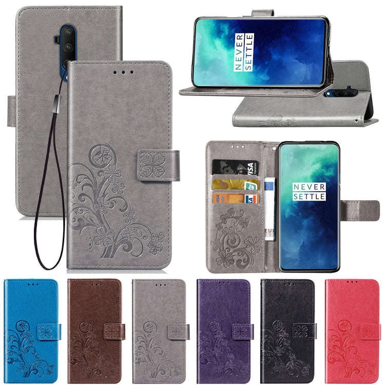 For One Plus 7T Pro Four-leaf Clasp Embossed Buckle Mobile Phone Protection Leather Case with Lan...