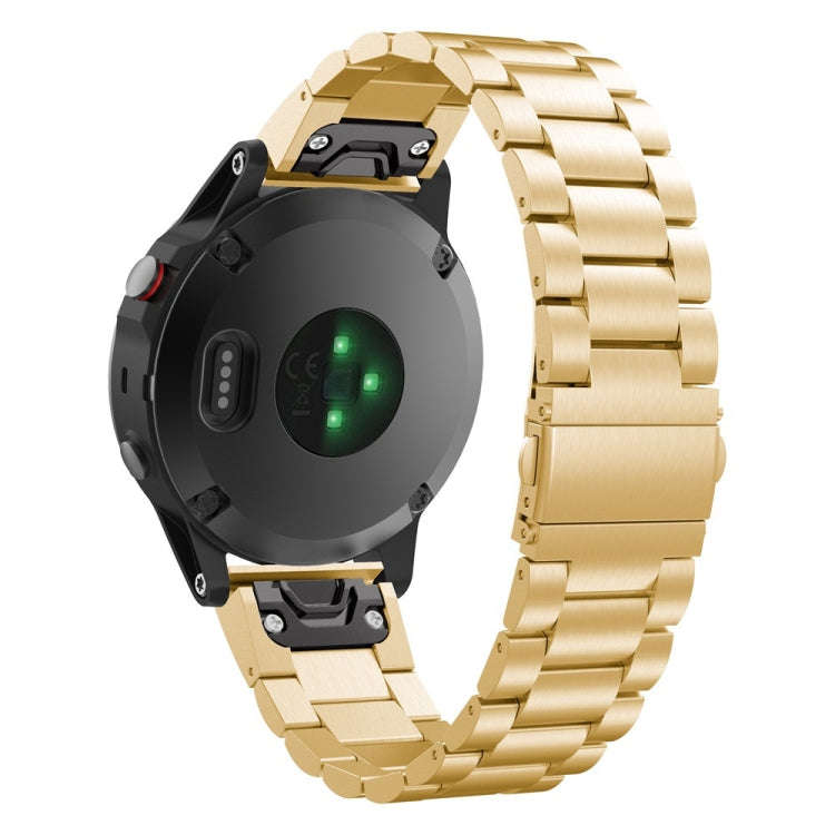 For Garmin Fenix 5 Three-Bead Stainless Steel Metal Watch Band, Size:22MM(Golden)