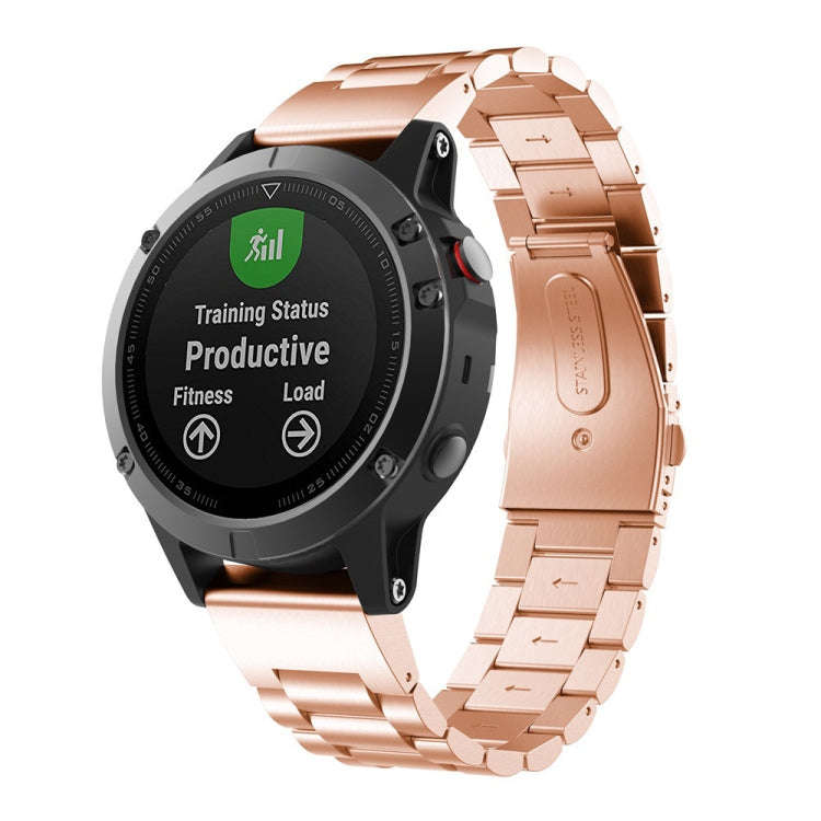 For Garmin Fenix 5X Three-Bead Stainless Steel Metal Watch Band, Size:26MM(Rose Gold)