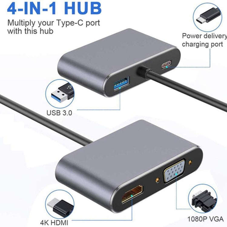 USB C to HDMI VGA 4K Adapter 4-in-1 Type C Adapter Hub to HDMI VGA USB 3.0 Digital AV Multiport A...