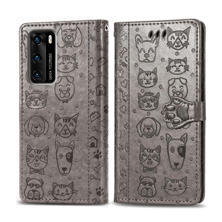 For Huawei P40 Cute Cat and Dog Embossed Horizontal Flip Leather Case with Bracket / Card Slot / ...