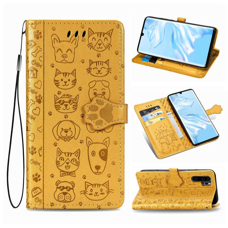 For Huawei P30 Pro Cute Cat and Dog Embossed Horizontal Flip Leather Case with Bracket / Card Slo...