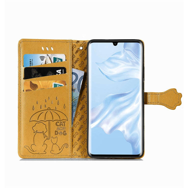 For Huawei P30 Pro Cute Cat and Dog Embossed Horizontal Flip Leather Case with Bracket / Card Slo...