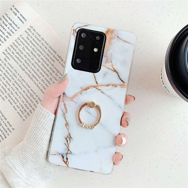 For Huawei P40 TPU Smooth Marble with Ring Metal Rhinestone Bracket Mobile Phone Protective Case(...
