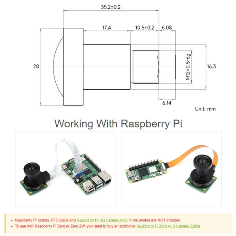 Waveshare WS1603212 For Raspberry Pi M12 High Resolution Lens, 12MP, 160 Degree FOV, 3.2mm Focal ...