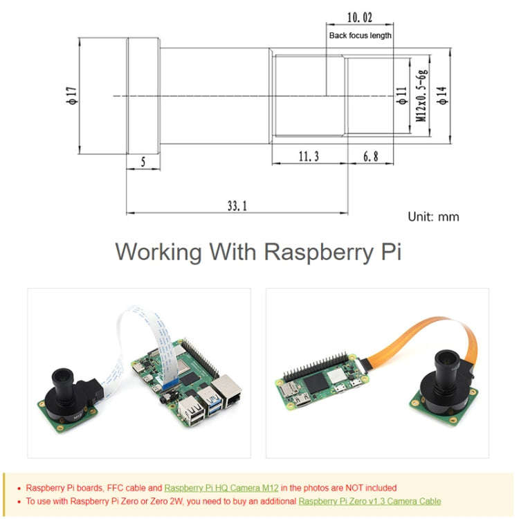 Waveshare WS0698012 For Raspberry Pi M12 High Resolution Lens, 12MP, 69.5 Degree FOV, 8mm Focal L...