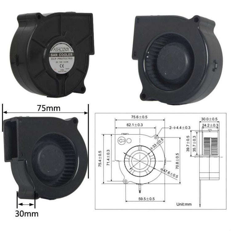 ASIACOOL Silent Turbo Blower Fan, Specification:7530 12V