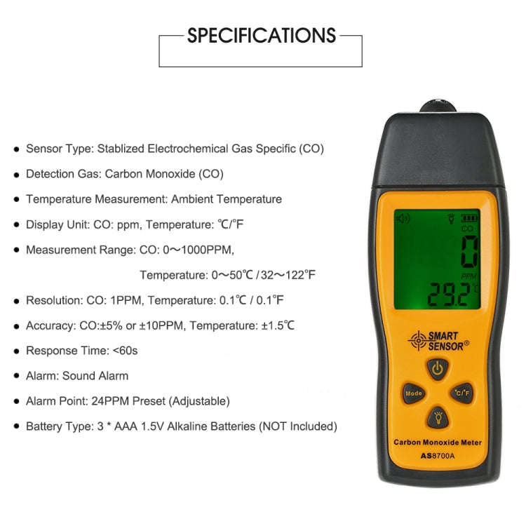 Smart Sensor AS8700A Handheld Carbon Monoxide Meter High Precision Digital CO Leak Detector Analy...