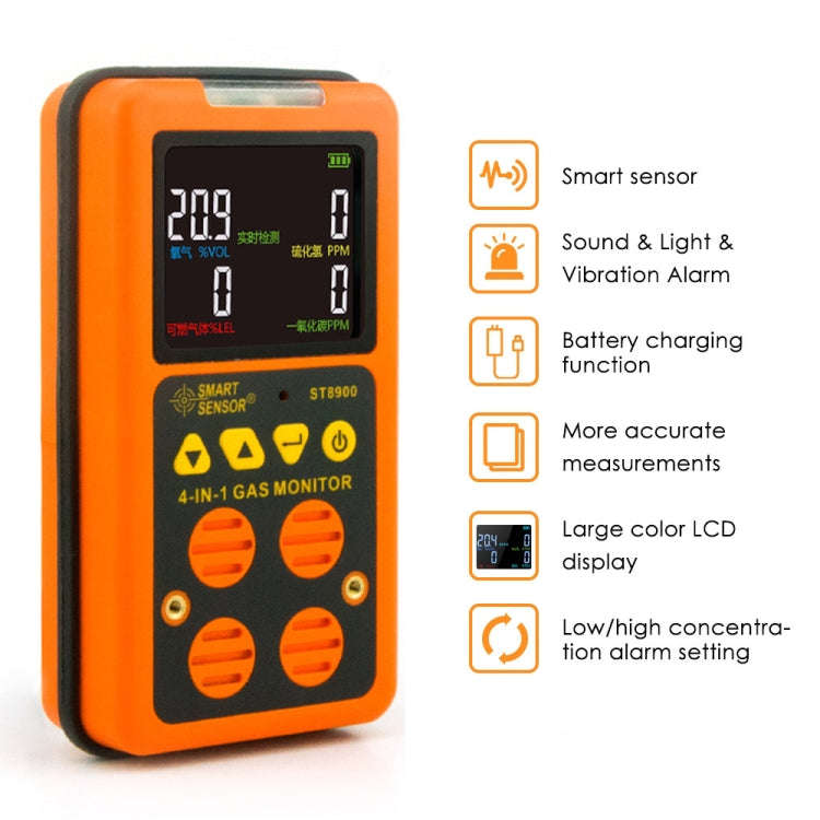 ST8900 4 in 1 Toxic Gas CO Carbon Monoxide Detector Hydrogen Sulfide H2S Oxygen Combustible Gas T...