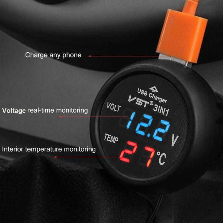 3 In 1 Car USB Charger Car Cigarette Lighter With Voltage Detection Display Multi-function Monito...