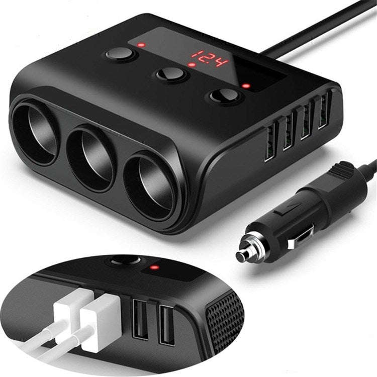 TR12 3 in 1 100W 4USB Car Cigarette Lighter with Switch Voltage Display(Black)