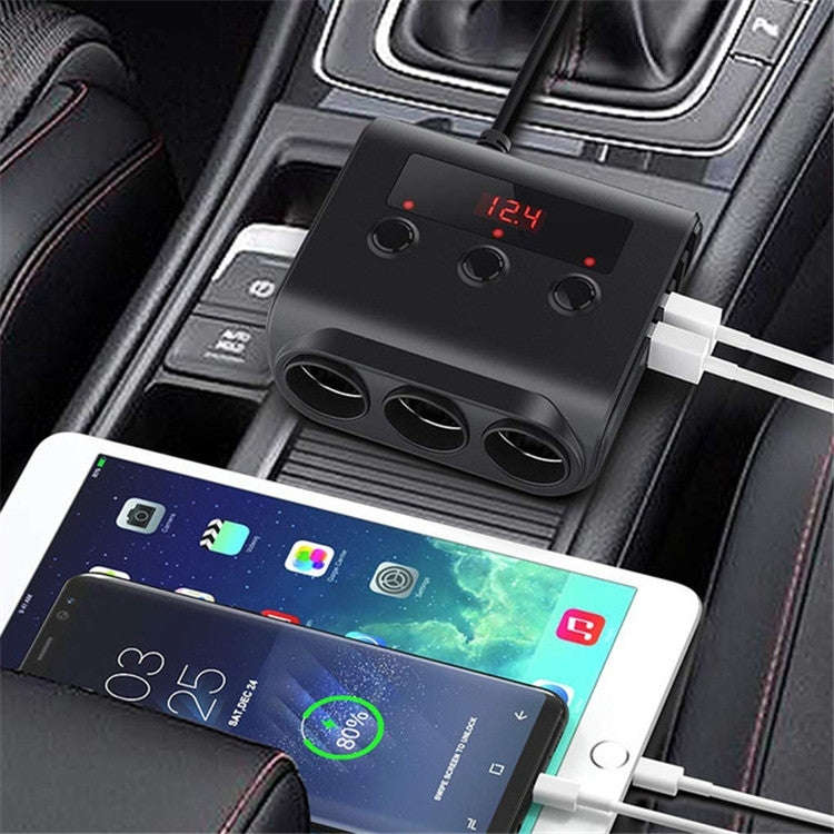 TR12 3 in 1 100W 4USB Car Cigarette Lighter with Switch Voltage Display(Black Red)