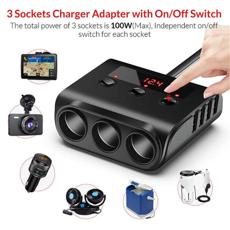TR12 3 in 1 100W 4USB Car Cigarette Lighter with Switch Voltage Display(Black)