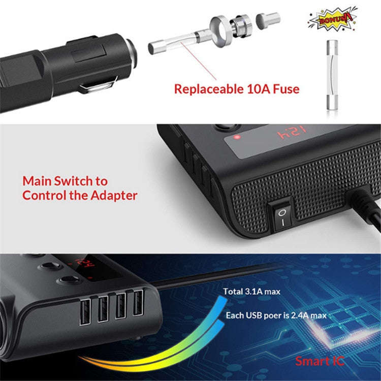 TR12 3 in 1 100W 4USB Car Cigarette Lighter with Switch Voltage Display(Black)