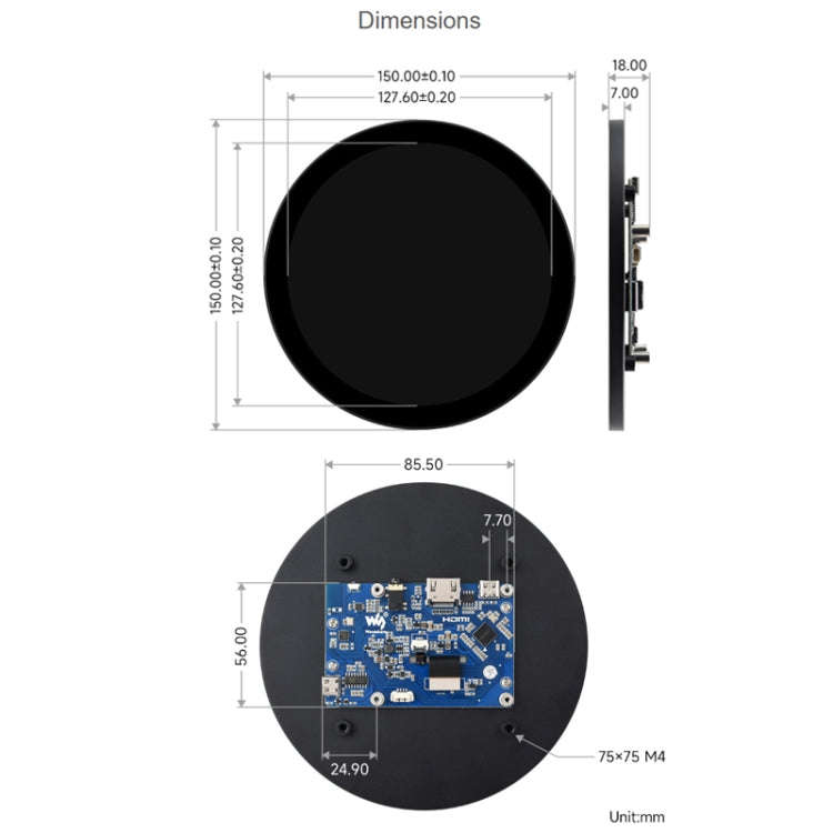 Waveshare 1080x1080 IPS Optically Bonded 5-Inch HDMI Circular 10-Point Touch Screen(24369)