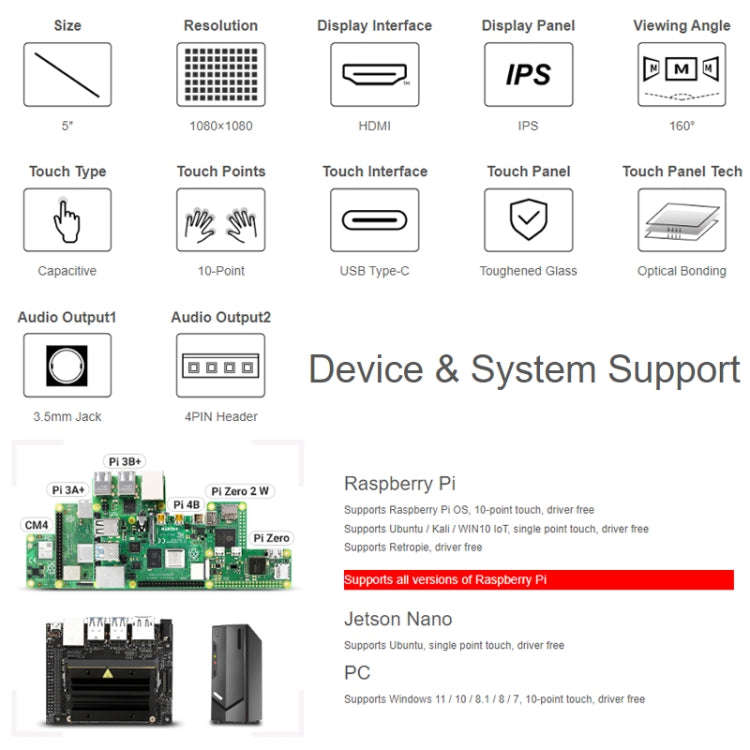 Waveshare 1080x1080 IPS Optically Bonded 5-Inch HDMI Circular 10-Point Touch Screen(24369)