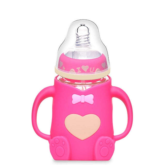 Baby Silicone Glass Bottles Drop-proof and Flatulence-proof Glass Baby Bottle(Style 1 Rose Red)