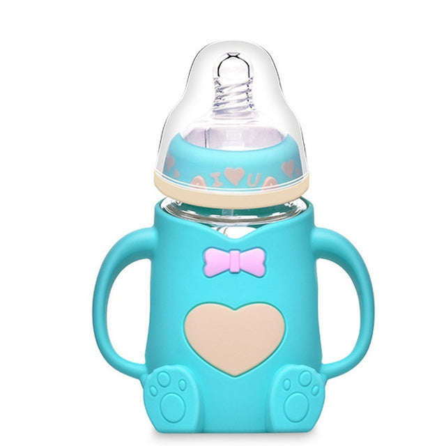 Baby Silicone Glass Bottles Drop-proof and Flatulence-proof Glass Baby Bottle(Style 1 Cyan-blue)