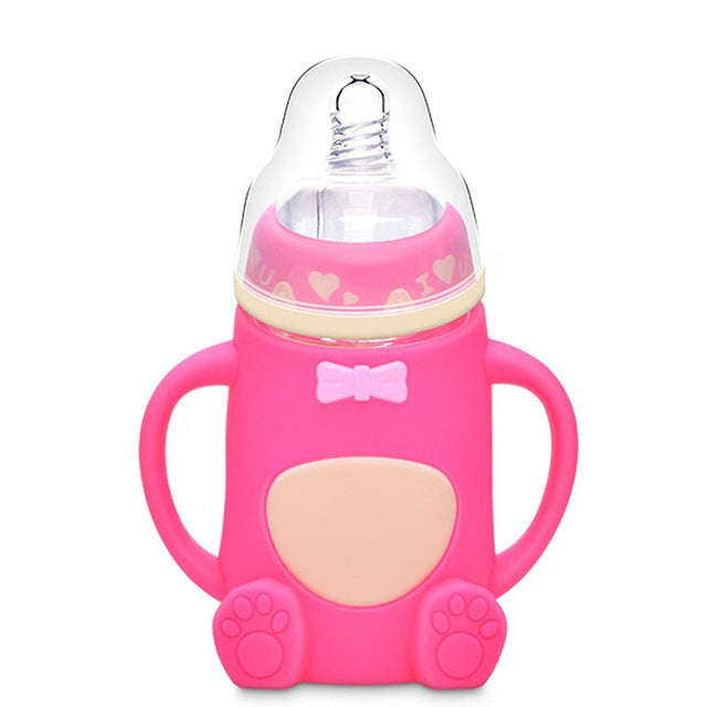 Baby Silicone Glass Bottles Drop-proof and Flatulence-proof Glass Baby Bottle(Style 2 Rose Red)