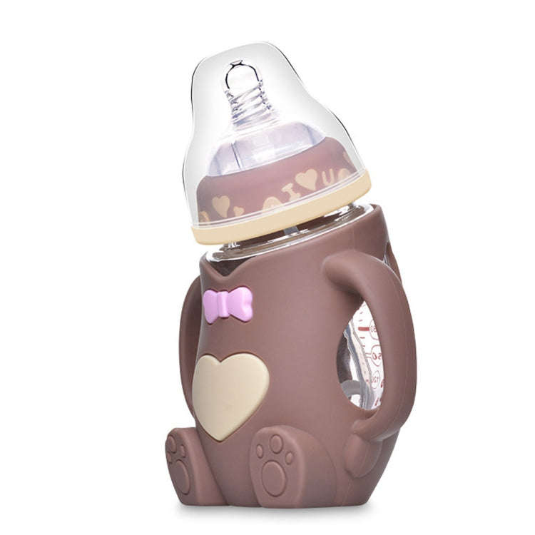 Baby Silicone Glass Bottles Drop-proof and Flatulence-proof Glass Baby Bottle(Style 2 Rose Red)